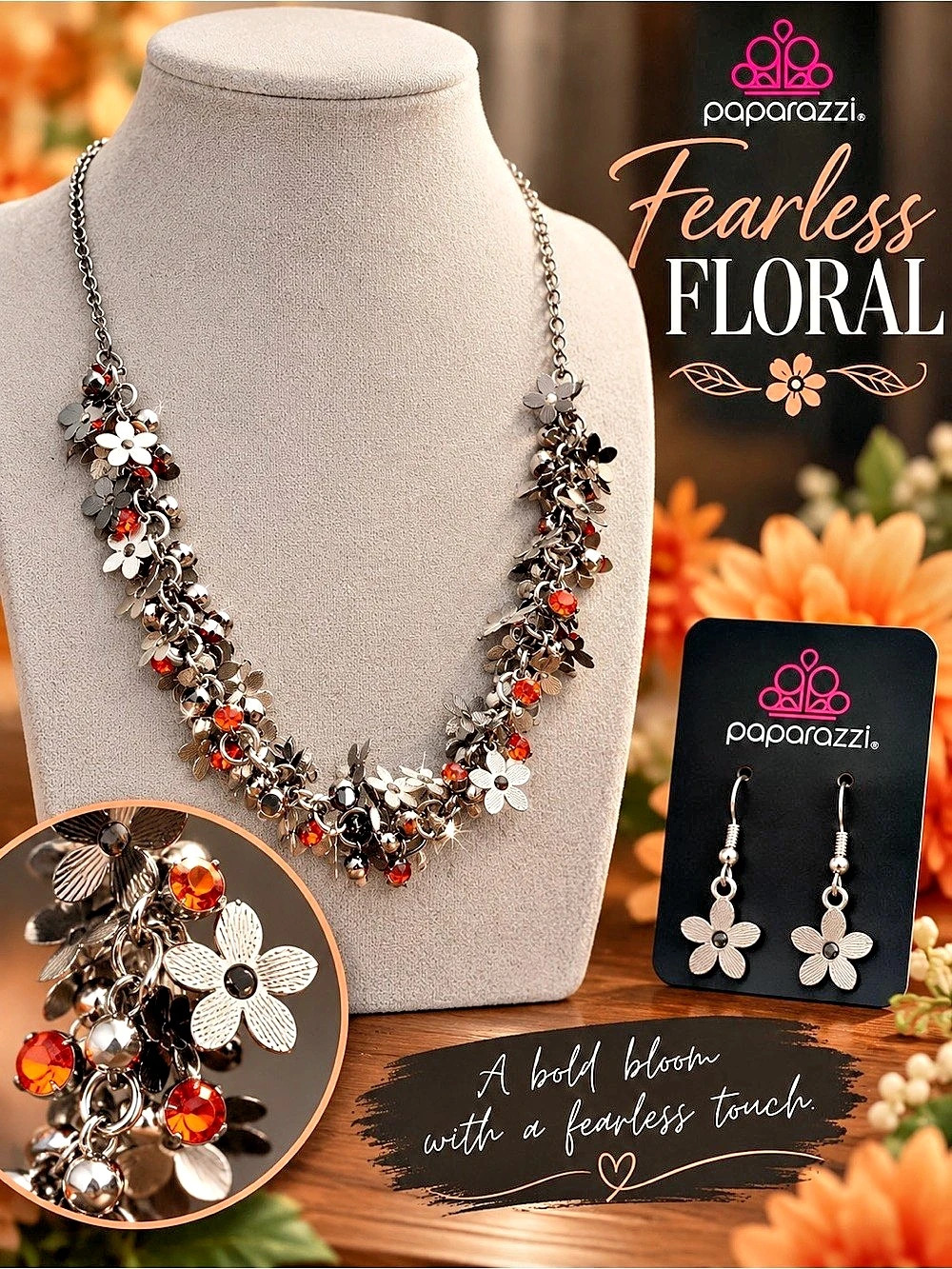 Paparazzi Fearlessly Floral - Orange Necklace & Earrings